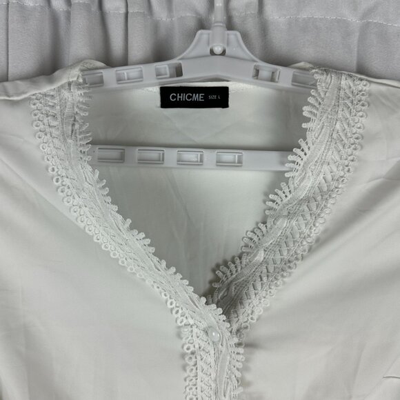 ChicMe White Long Sleeve Blouse With Lace Trim & Button Closure Size L - Picture 3 of 7
